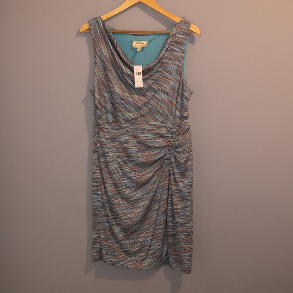 NWTS ANTHROPOLOGIE CHIC COWL NECK BLUE MARLED RUCHED DRESS (LP) - Picture 4 of 17